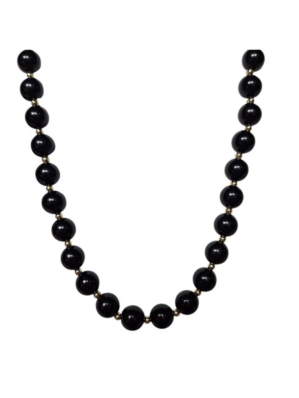 Vintage Black Onyx Bead Necklace Gold Tone Spacers Strand Beaded Round Statement